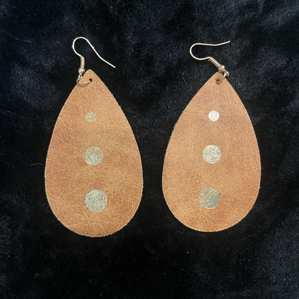3 For $20! Brown Faux Leather Teardrop Earrings with Gold Dots